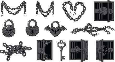 Cartoon set of chains locks keys and jail cells for halloween