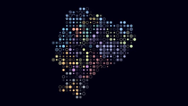 Ecuador map animation. Shape of the country with pulsating colored dots. Large size circle blocks. Digital style Ecuador map on dark background. Abstract video.