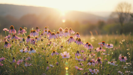 Pink Coneflowers Glowing in Field with Golden Sunset Light