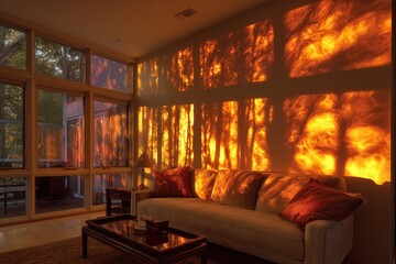 Fototapeta premium Dynamic Golden Hour Light and Abstract Tree Shadows Transform Modern Living Room Interior.