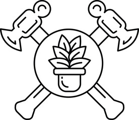 A black and white drawing of a hammer and an ax with a plant in a pot