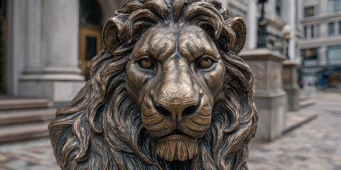 Bronze lion sculpture located outside a historic building in a bustling city center during the daytime