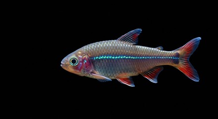 Fototapeta premium Vibrant tropical fish swims elegantly against dark background showcasing iridescent scales. AI Generated