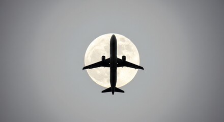 Silhouetted airplane flies majestically before a large full moon soft light. AI Generated