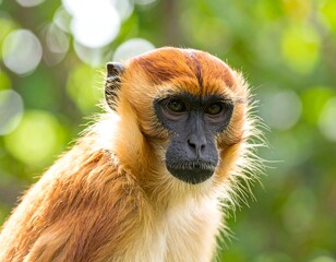 Obraz premium Close-up portrait of a reddish-brown monkey, featuring a focused facial expression, set against a blurred background of vibrant green foliage.