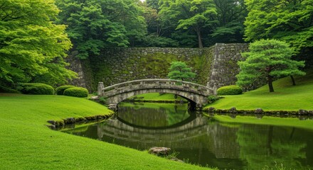 Serene stone arch bridge over a calm reflecting pond in a lush garden