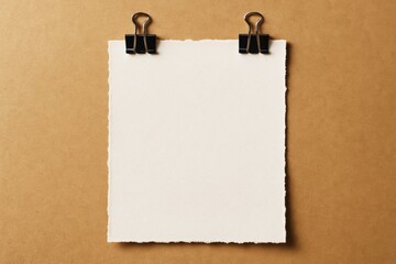 Blank torn-edge white paper clipped with black binders on brown background, minimal light and shadow design concept for presentations or notes. Ai generative