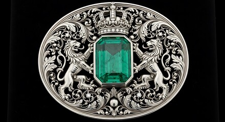Regal emerald emblem featuring heraldic lions crown and elaborate silver filigree design evoking sophistication and