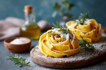 Tagliatelle Pasta Nests on Wooden Board, Dusted with Flour and Parmesan, Garnished with Herbs, Food Still Life, Warm Tones
