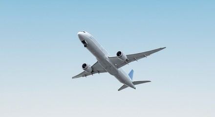 Obraz premium Airplane Ascends Bright Sky Clean Modern Design. AI Generated