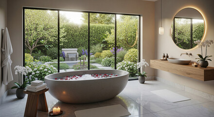 A luxurious bathroom with a large bathtub overlooking a tranquil garden.