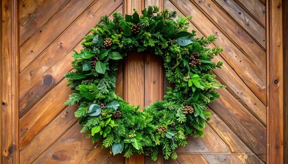 A festive green Christmas wreath made of natural evergreen foliage hangs on a rustic wooden plank door, a classic symbol of the holiday season