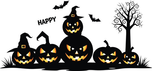 Happy halloween pumpkins with bats and a spooky tree silhouette