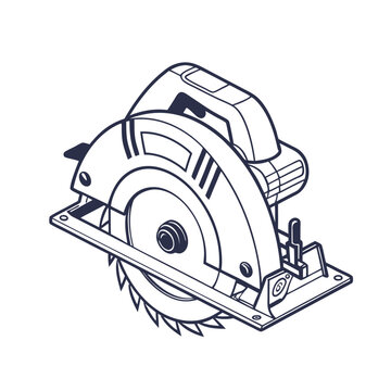 recommend clip art: Monochrome line art vector icon of a circular saw power tool for carpentry and construction. Outline illustration of woodworking equipment