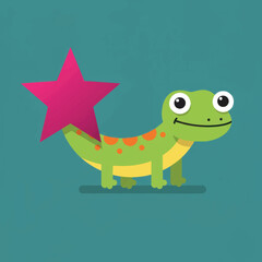 Obraz premium A cute green cartoon lizard with orange spots a yellow belly and a large pink star tail.