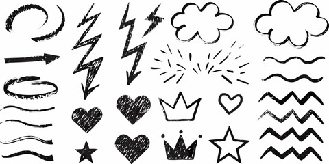 Collection of hand drawn black and white doodle elements including lightning bolts hearts stars crowns clouds arrows and wavy lines