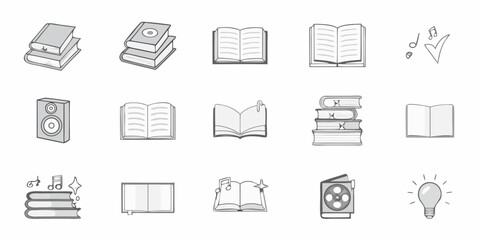 Collection of simple black and white icons representing books music and ideas