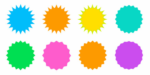 Collection of eight colorful starburst shapes on a white background