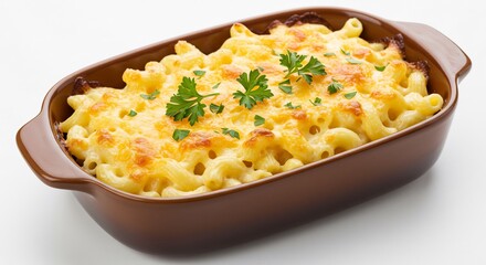 Creamy cheesy pasta bake glows warmly under soft light. AI Generated
