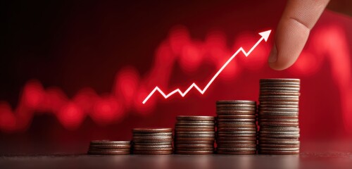 Stacked coins with upward arrow symbolizing financial growth and economic progress