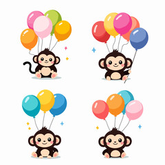 Cute Kawaii Style Monkeys Holding Bright Birthday Balloons Surrounded by Tiny Twinkling Stars in a Fun Grid