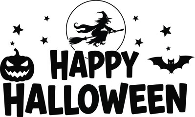 Happy halloween with pumpkin witch bat and stars silhouette