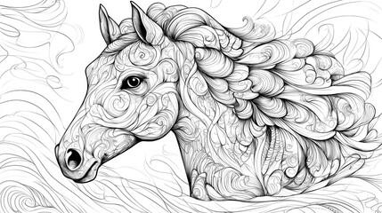Highly detailed zentangle style illustration of a horse running with a flowing mane, perfect for coloring books or artistic projects