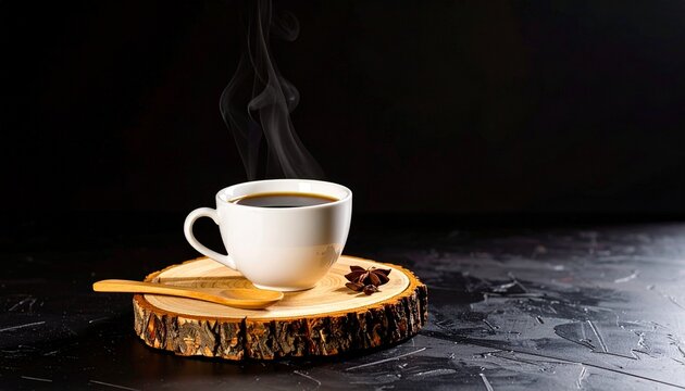 Freshly brewed hot black coffee in a white ceramic cup with visible steam, served on a rustic wooden slice coaster against a dark background