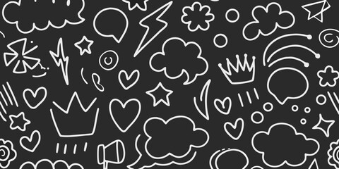 Seamless pattern of hand drawn white doodle icons including clouds hearts stars lightning bolts and speech bubbles on a black background