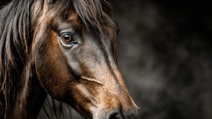Majestic brown horse gazing intently against a dark backdrop during a quiet moment in the stable