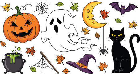 Fototapeta premium Halloween themed cartoon elements isolated on a white background