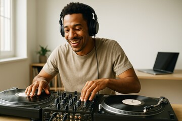 Smiling young man mixing music on turntables at home, enjoying his DJ hobby in a bright creative space with minimalistic background and soft light. Ai generative