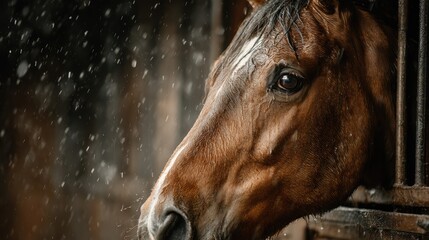 Horse looking out of stable in the rain with droplets falling softly and background blurred in a rustic setting