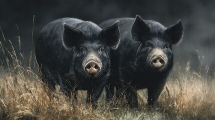 Two black pigs standing together in a grassy field during daytime