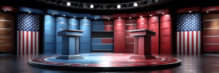 Debate stage setup with podiums featuring the American flag in a political election context