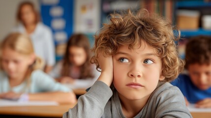 Classroom scene where ADHD child is visibly distracted while other children focus, teacher in background.