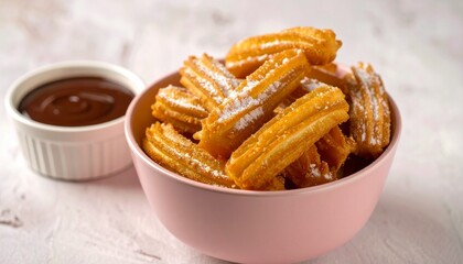 A delicious pink bowl of golden fried churros dusted with powdered sugar, served with a rich chocolate dipping sauce