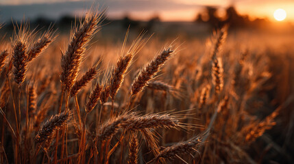 Fototapeta premium Wheat stalks waving under golden sunset light, highlighting agricultural landscape during harvest period with warm orange hues