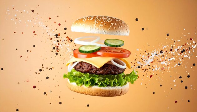 Classic American cheeseburger with delicious fresh ingredients levitating in mid-air against a warm background with sprinkled spices