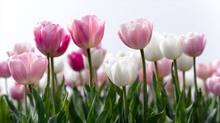 Fototapeta premium Pink and white tulips reach skyward against a soft, bright background