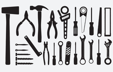 tools silhouette vector art Illustration, set of tools silhouettes vector