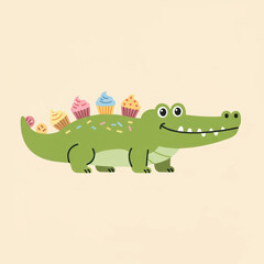 Obraz premium A happy green cartoon crocodile with colorful sprinkles and a row of sweet cupcakes on its back.