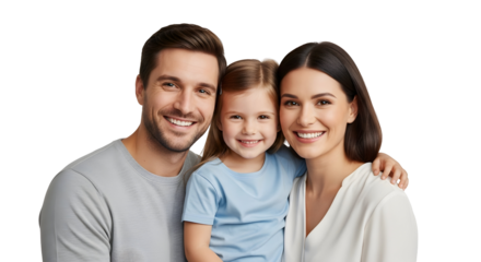 Happy family of three, parents and daughter, smiling together in a studio portrait on white background