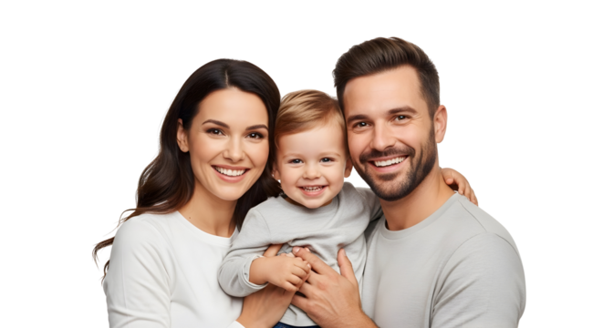 A happy family portrait of a smiling mother, father, and child, radiating joy and connection