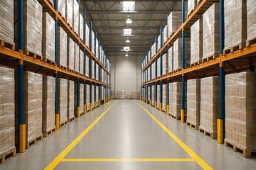 Warehouse interior with stacked pallets on metal racks in industrial setting with bright overhead light and clear organization concept. Ai generative