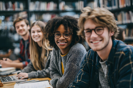 Multiracial university students sitting together at able with books and laptop- Happy young people doinggroup study in high schoollibrary - Life style concet with guys and girls in cllege campus