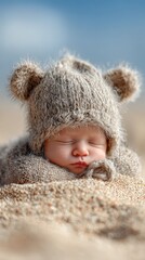 Cute baby sleeping peacefully on sandy beach, wearing furry hat with bear ears during sunny day