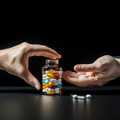 Pills and the Opioid Crisis Passing Medications with Hands on Dark Background. Concept.