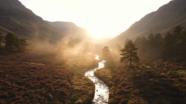 Cinematic Drone Flight Over Serene Purple Heather Valley at Sunrise