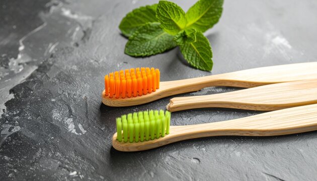 Eco-Friendly Oral Hygiene Bamboo Toothbrushes and Fresh Mint for a Sustainable Routine